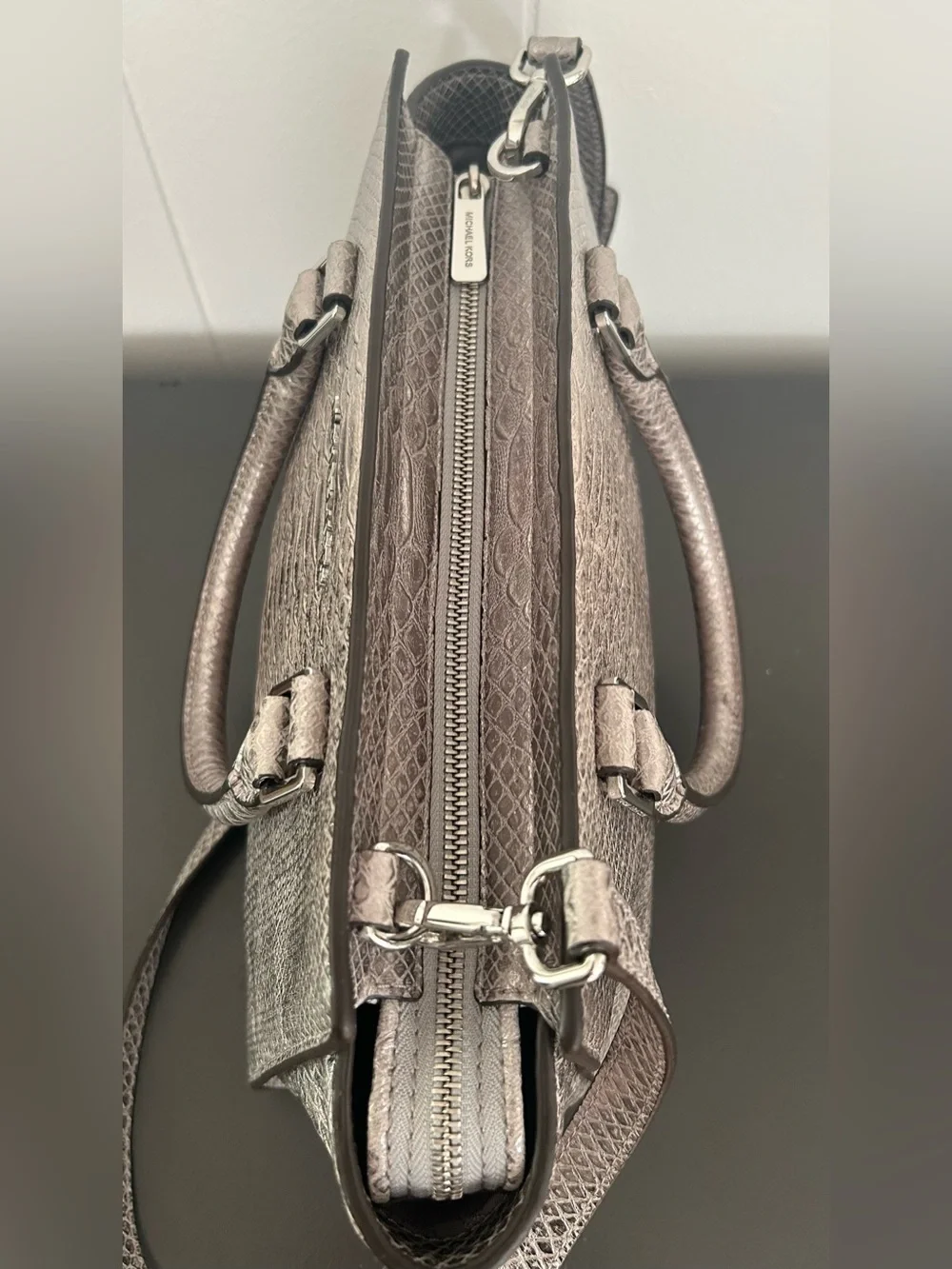 Michael Kors Metallic Silver Snake Print Satchel Crossbody Shoulder Bag